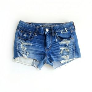 American Eagle jean shorts, size 2, dark wash jeans shorts, destroyed denim.